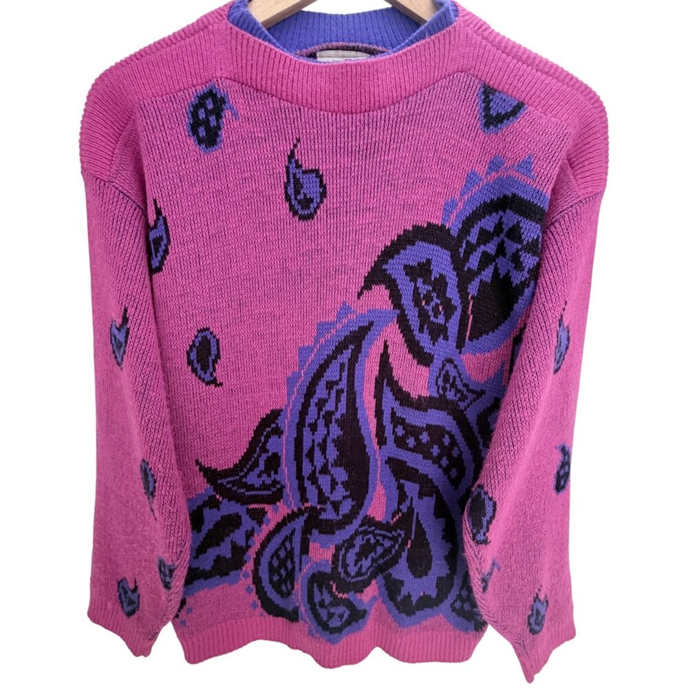Alberoy Pink Ribbed collar Graphic Sweater Crew Neck Women's Large
